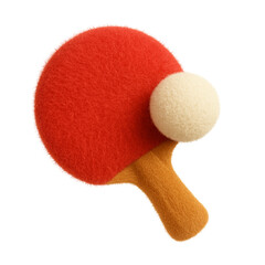 Plush toy emoji of a red ping pong paddle with a beige ball, crafted from soft fuzzy fabric, isolated on a transparent background, representing table tennis or playful activity