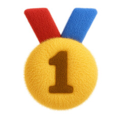 Plush toy emoji of a gold medal with the number one and red and blue ribbon straps, made from soft fuzzy fabric, symbolizing victory, isolated on a transparent background.