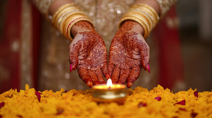 South indian bride with mehndi hands extended over floral decoration at ceremony. concept of cultural traditions, bridal elegance, celebratory rituals