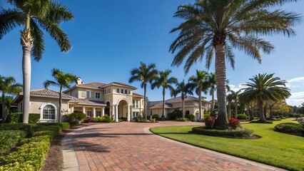 Luxurious Florida mansion palm trees sunny day brick driveway beautiful landscaping elegant home