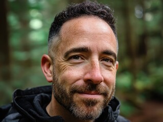 Fototapeta premium Smiling man with short hair, beard, and dark jacket, outdoors with blurred greenery. Light highlights his features, focusing on his expressive eyes and friendly demeanor. No text present