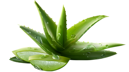 Green aloe vera leaf cut open showing gel isolated on transparent background, hd realistic 8k, --ar 16:9 --v 7.0