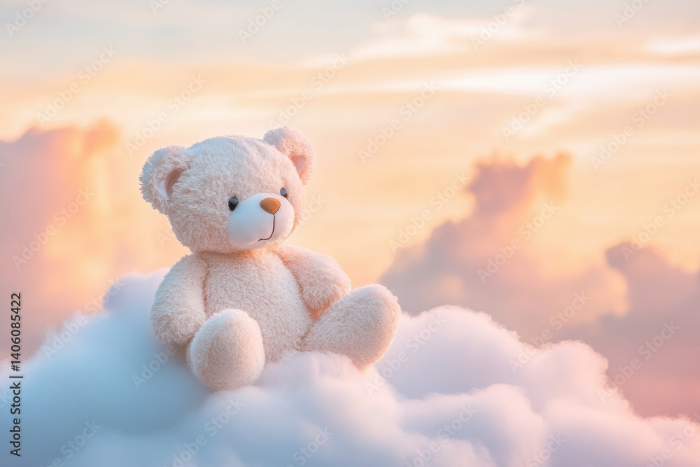 Poster teddy bear sits on a small cloud under a pastel evening sky creating a dreamy atmosphere of tranquil