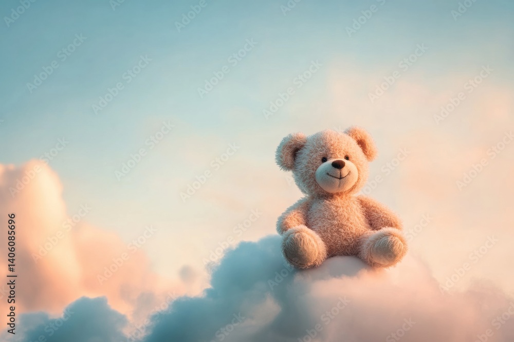 Aufkleber teddy bear resting on a small cloud beneath a pastel evening sky in a dreamy atmosphere of tranquili