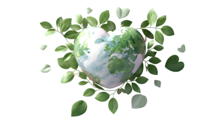 Heart-shaped planet Earth with green leaves around it, love nature theme, 3D rendering, pastel background, clean minimalist style --ar 16:9 --v 7.0