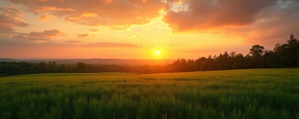 Obraz premium Panoramic photo field under orange setting sun in autumn with dramatic sky background. Green grass meadow with trees. Natural season landscape, golden sunlight scenic view.