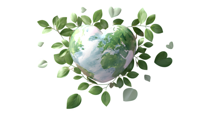 Heart-shaped planet Earth with green leaves around it, love nature theme, 3D rendering, pastel background, clean minimalist style --ar 16:9 --v 7.0