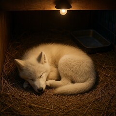 white dire wolf cub sleeping in an enclosure