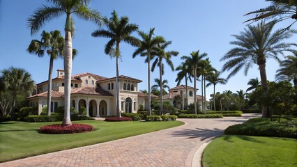 Fototapeta premium Luxurious Mediterranean style villa palm trees sunny day brick driveway lush landscaping vibrant