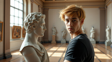 Young man contemplating sculpture in a museum setting  