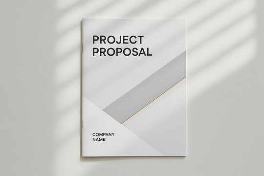 Minimalist Project Proposal Document Cover with Geometric Design and Company Name on White Background with Window Blinds Shadow for Business Presentation