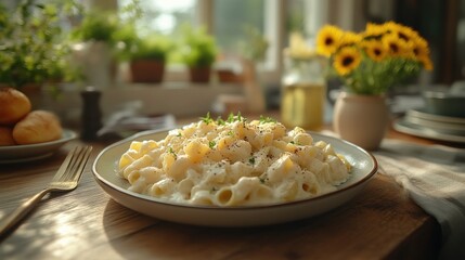 Delicious Mac and Cheese Served on a Rustic Wooden Table with Sunflowers and Fresh Herbs