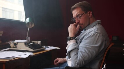 Cinematic vintage writer scene with smoke-filled office, soft-focus on working author and...