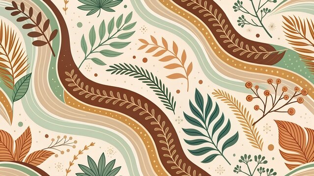 "Seamless boho abstract pattern with organic shapes and earthy tones, modern fabric design"
