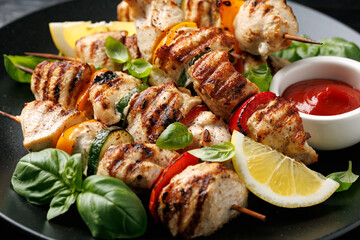 Chicken kebab skewers on a plate with vegetables. Mediterranean healthy food