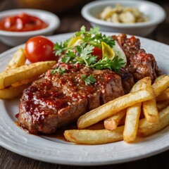Closeup of roasted meat with sauce, vegetables and fries in a plate on the table