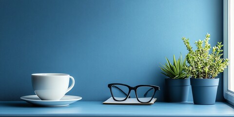 A tranquil blue workspace scene features a coffee cup, potted plants, and glasses on a shelf near a window Perfect for home office or blog content
