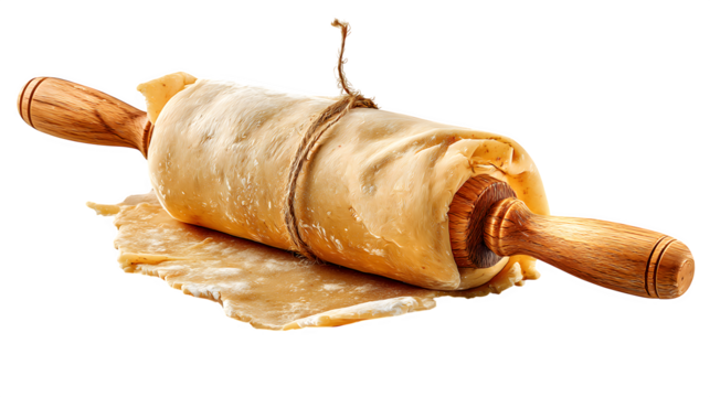 Raw dough with a rolling pin drawn in bakery art style on a transparent background --ar 16:9 --v 7.0