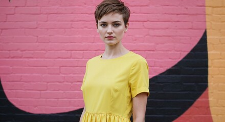 Stylish Woman in Yellow Dress Posing Against Colorful Wall