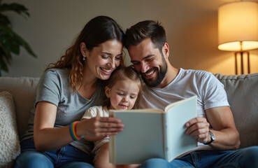 Gay couple reads book with their daughter on sofa. Family together enjoy leisure time at home. Happy parents embrace little girl. Homosexual parents read fairytale to their child.