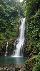 Obraz premium Serene waterfall cascading into lush green pool amidst moss covered rocks and tropical foliage