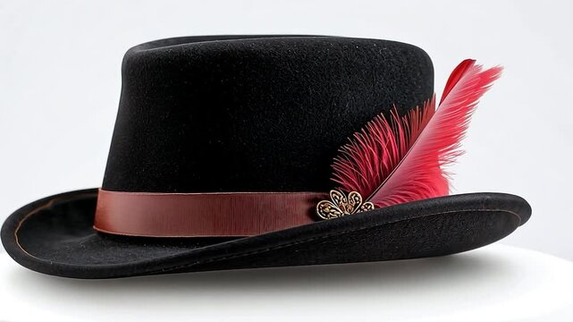 Elegant black hat with a red feather and decorative band, placed on a white surface