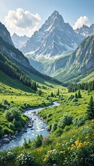 Naklejka premium Scenic view of a verdant valley surrounded by rugged mountains with a winding river and colorful wildflowers