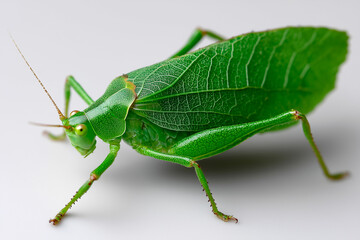 Green Katydid with Leaf-like Camouflage on White Background