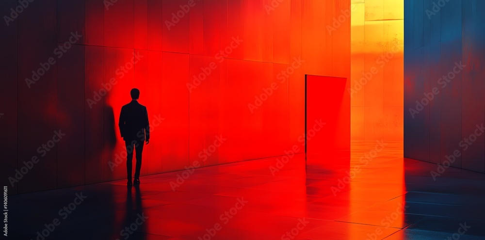 Poster a lone man in a suit stands in a vibrant red corridor of a modern building, creating a dramatic and 