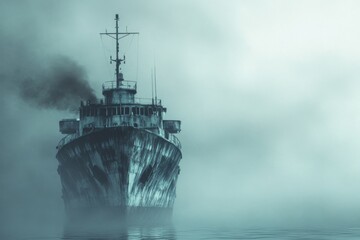Fog envelops a vintage ship in a haunting maritime landscape at early dawn