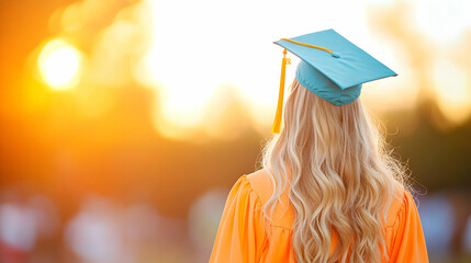 Woman in Orange Graduation Gown and Teal Cap at Sunset