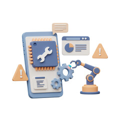 3D Illustration Automated Mobile App Development and Maintenance with Warning Signs Illustration