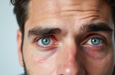 Fototapeta premium Close-up man face, visible eye problems. Red irritated eye, under eye redness, dark circles. Conjuctivitis infection, possible allergy, cold flu symptom. Health issue, eye care medical concept.