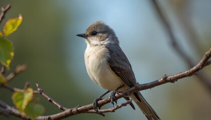 Fototapeta premium Close-up photo of a Lesser Whitethroat bird, Sylvia curruca, perched branch. Songbird wildlife portrait. Nature scene with detailed feathers, beak. Natural outdoor background.