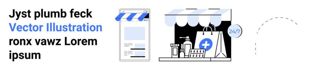 Pharmacy products, paper bag with medical cross, storefront with 247 sign, mobile app interface. Ideal for e-commerce, healthcare, delivery, shopping, convenience telemedicine simple landing page