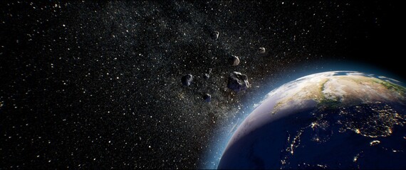 Apocalypse, space disaster, asteroid flying towards Earth, 3d visualization, scene from outer space, danger from outer space, concept