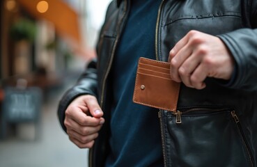 Man in leather jacket pulls wallet from pocket. Male hand holding leather billfold with credit cards. Financial theme. Close-up of businessman get payment.