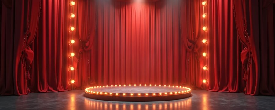Empty circus stage with red curtains, spotlights, and round platform. Vintage lights around stage, theater design for show, performance, carnival. Empty theater interior for any product presentation.