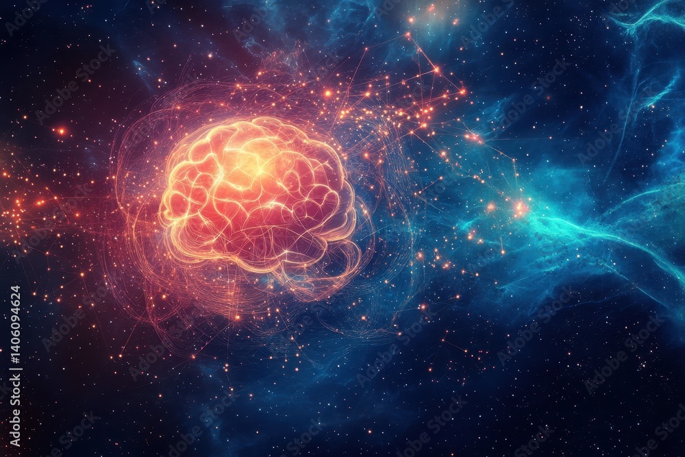Poster visualization of a human brain illuminated in a cosmic setting conveying creativity and intelligence