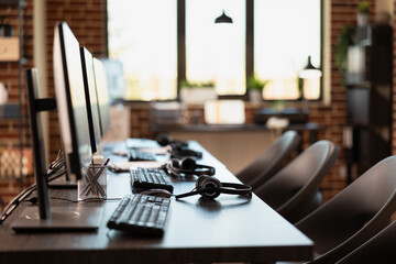 Empty workspace, with no person present, highlighting a modern business setting with desktop...