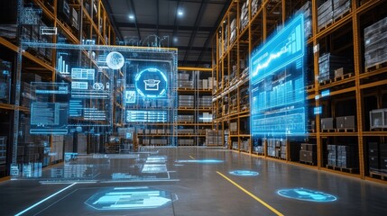 A high-tech digital supply chain management interface with holographic data and optimization tools