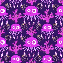 Fototapeta premium Summer ocean animals seamless jelly fish pattern for wrapping paper and fabrics and linens and kids clothes