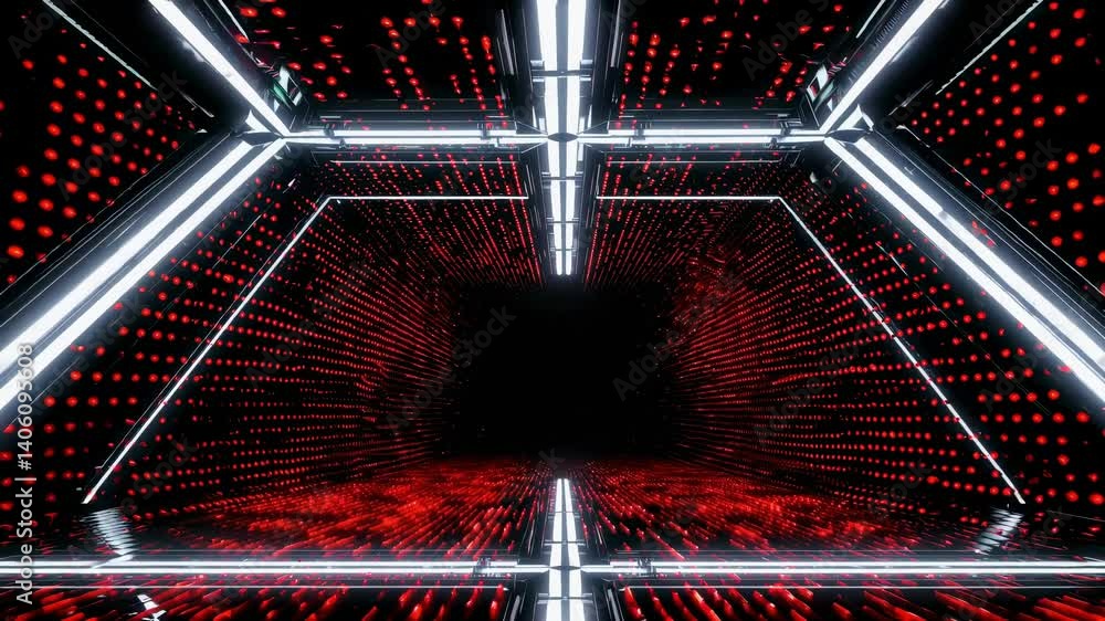Poster futuristic tunnel with red lights and geometric patterns, viewed from a low angle, creating a dynami