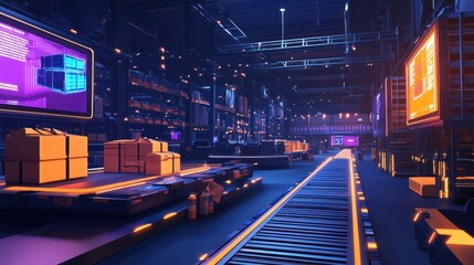 A high-tech futuristic warehouse with conveyor belts and glowing holographic data interfaces displaying product information