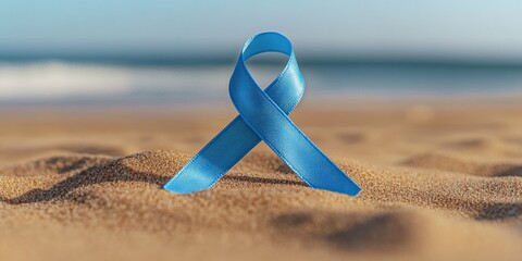 Fototapeta premium environmental conservation, a neatly tied blue awareness ribbon on a sandy beach, with blurry ocean waves in the background