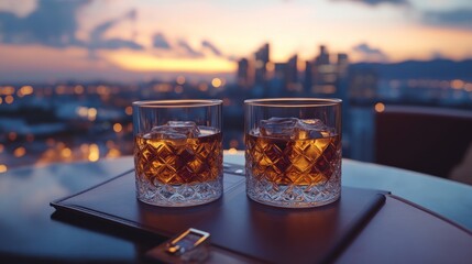 Two glasses of whiskey with ice on a rooftop at sunset perfect for luxury and relaxation theme