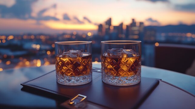 Two glasses of whiskey with ice on a rooftop at sunset perfect for luxury and relaxation theme