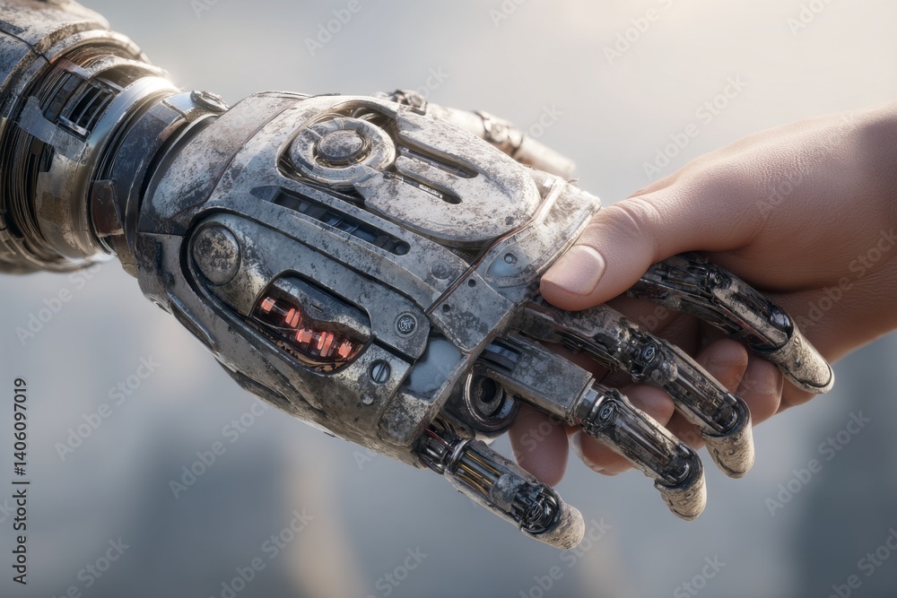 Poster a high-tech robotic hand is shown gently reaching out to connect with a human hand, demonstrating th