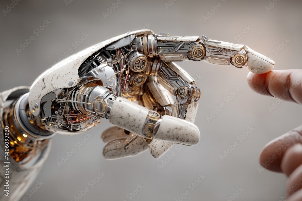 Poster a high-tech robotic hand reaches out to gently touch a human fingertip, showcasing intricate design 