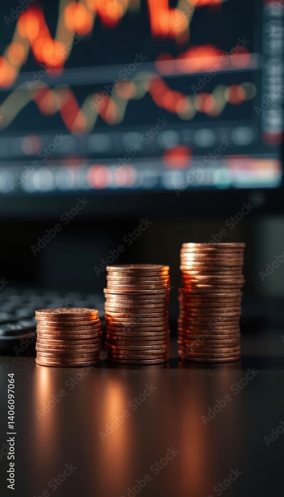 Poster stacks of coins on table in front of computer screen with stock market chart. financial concept, inv